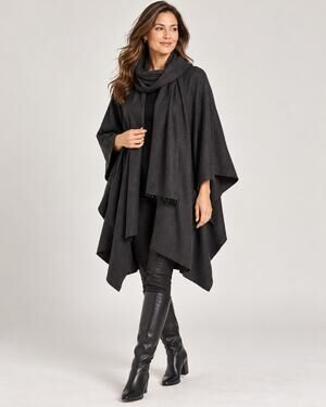 Vintage Betmar 100% Wool Cape Coat Charcoal Gray Attached Scarf Collar Wrap